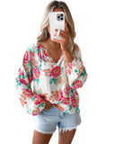 Darrahopens Women's Fashion > Tops & T-shirts Azura Exchange Pleated Puff Sleeve Blouse with V Neck and Floral Design - M