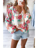 Darrahopens Women's Fashion > Tops & T-shirts Azura Exchange Pleated Puff Sleeve Blouse with V Neck and Floral Design - S