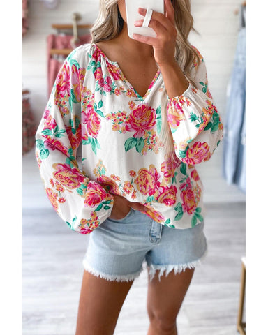 Darrahopens Women's Fashion > Tops & T-shirts Azura Exchange Pleated Puff Sleeve Blouse with V Neck and Floral Design - S