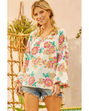 Darrahopens Women's Fashion > Tops & T-shirts Azura Exchange Pleated Puff Sleeve Blouse with V Neck and Floral Design - S