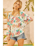 Darrahopens Women's Fashion > Tops & T-shirts Azura Exchange Pleated Puff Sleeve Blouse with V Neck and Floral Design - S