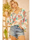 Darrahopens Women's Fashion > Tops & T-shirts Azura Exchange Pleated Puff Sleeve Blouse with V Neck and Floral Design - S