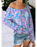 Darrahopens Women's Fashion > Tops & T-shirts Azura Exchange Printed Wide Neck Thumbhole Sleeve Henley Top - S