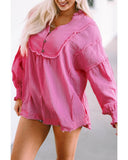 Darrahopens Women's Fashion > Tops & T-shirts Azura Exchange Retro Frilled Seam Crinkle Puff Sleeve Blouse - S