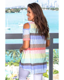 Darrahopens Women's Fashion > Tops & T-shirts Azura Exchange Striped Knit Cold Shoulder Top - L