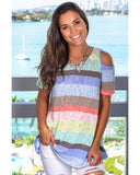 Darrahopens Women's Fashion > Tops & T-shirts Azura Exchange Striped Knit Cold Shoulder Top - L