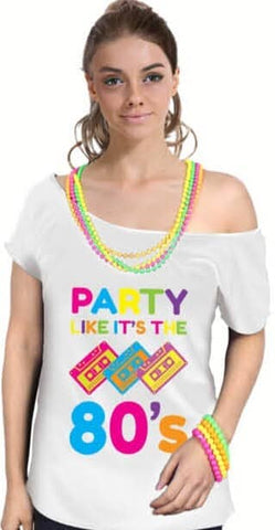 Darrahopens Women's Fashion > Tops & T-shirts Party Like It's The 80s Womens T Shirt Costume Ladies 1980s Fancy Dress Up Top - White