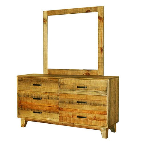 Dresser with 6 Storage Drawers in Solid Acacia With Mirror in Vintage Light Brown Colour