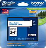 Brother 3/4\" (18 mm) Blue on White TZe P-Touch Tape for Brother PT-1900, PT1900 Label Maker. Laminated tape for indoor and outdoor use. Eco-friendly packaging