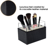 Leather Makeup Brush Cosmetic Organiser Storage Box with Pink Pearls and Acrylic Cover (Black)