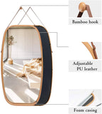 Hanging Full Length Wall Mirror - Solid Bamboo Frame and Adjustable Leather Strap for Bathroom and Bedroom