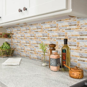 9PCS Mosaic Marble Bricks Self-adhesive Bathroom Kitchen Wall Tile Sticker Golden Fawn