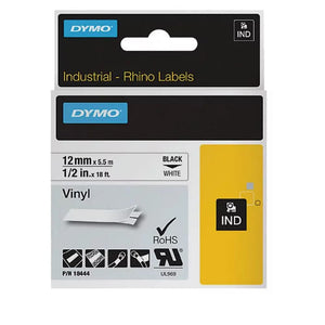 DymoRhino Blk on Wht 12mm Tape 12mm x 5.5m - for use in Dymo Printer