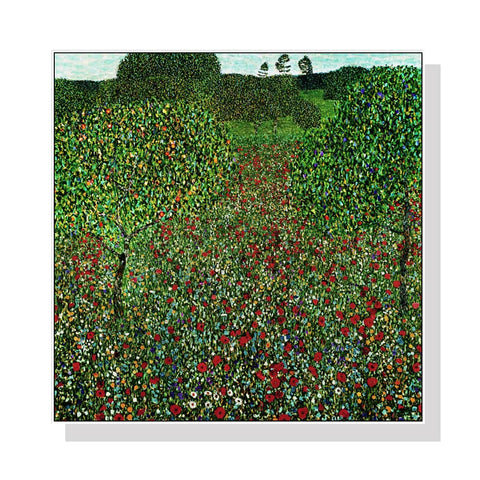 50cmx50cm Field of Poppies by Gustav Klimt White Frame Canvas Wall Art