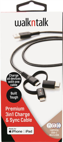 Walk n Talk 3in1 Charge & Sync Cable Lightning/USB-C/Micro USB