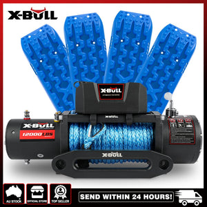 X-BULL 12V Electric Winch 12000LB Synthetic Rope with 4PCS Recovery Tracks Sand Mud Track Gen3.0 Blue