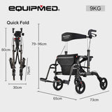 EQUIPMED 2-in-1 Foldable Aluminium Walking Frame Rollator and Transit Wheelchair with Bag, Titanium colour