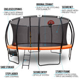 UP-SHOT 16ft Round Kids Trampoline with Curved Pole Design, Basketball Set and Sprinkler Accessory, Black and Orange