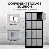 FORTIA 12-Door Metal Storage Locker Cabinet Gym Office Lockers Compartment, Black & Light Grey