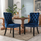 4x Velvet Dining Chairs Upholstered Tufted Kithcen Chair with Solid Wood Legs Stud Trim and Ring-Blue