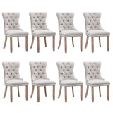 8x AADEN Modern Elegant Button-Tufted Upholstered Linen Fabric with Studs Trim and Wooden legs Dining Side Chair-Beige