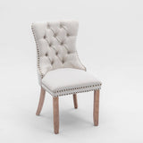 8x AADEN Modern Elegant Button-Tufted Upholstered Linen Fabric with Studs Trim and Wooden legs Dining Side Chair-Beige