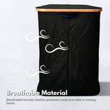 GOMINIMO Folding Bamboo & Canvas Laundry Hamper with Double Lid(Black)GO-LB-117-SJ
