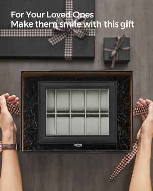 SONGMICS Watch Box for 10 Watches with Glass Lid and Removable Watch Pillows Black Synthetic Leather Grey Lining JWB010BK