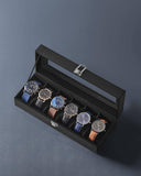SONGMICS Watch Box for 6 Watches with Glass Lid and Removable Watch Pillows Black Synthetic Leather Grey Lining JWB06BK