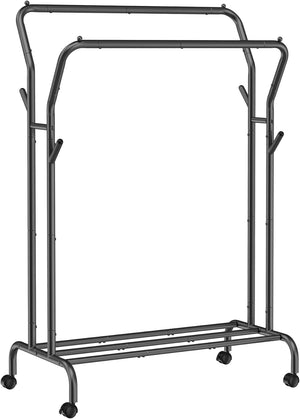 SONGMICS Metal Clothes Rack Double Rail with Wheels and Shelf Black HSR107B01