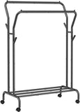 SONGMICS Metal Clothes Rack Double Rail with Wheels and Shelf Black HSR107B01