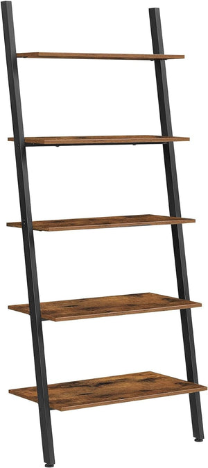 VASAGLE Industrial Ladder Shelf 5-Tier Bookshelf Rack Wall Shelf for Living Room Kitchen Office Stable Steel Leaning Against the Wall Rustic Brown and Black