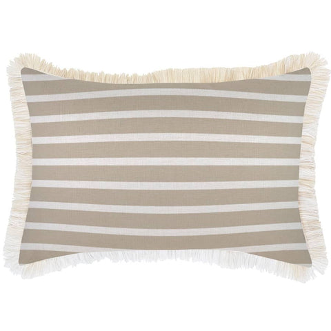 Cushion Cover-Coastal Fringe Natural-Hampton Stripe Beige-35cm x 50cm