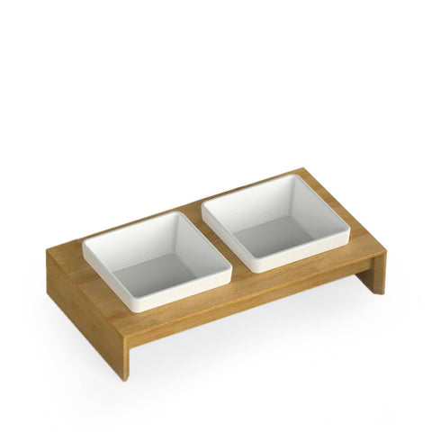 2x200ml Pet Double Dinner Ceramic Bowl - Elevated Wood Base Dog Cat Feeder