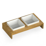 2x400ml Pet Double Dinner Ceramic Bowl - Elevated Wood Base Dog Cat Feeder