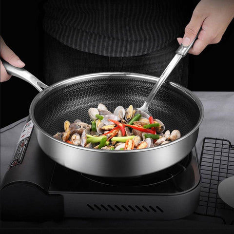 Stainless Steel Frying Pan Non-Stick Cooking Frypan Cookware 32cm Honeycomb DoubleSided