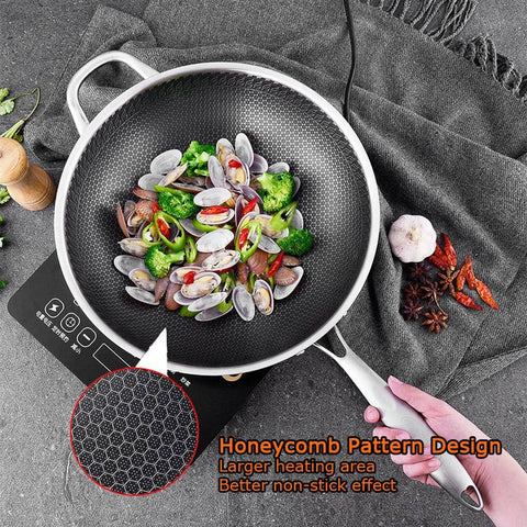 304 Stainless Steel Non-Stick Stir Fry Cooking Kitchen Wok Pan with Lid Honeycomb Double Sided