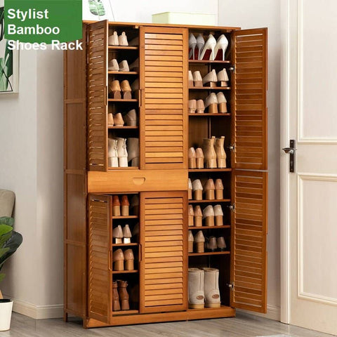 Multi Tier Bamboo Large Capacity Storage Shelf Shoe Rack Cabinet 4/6 Doors + 1 Drawer