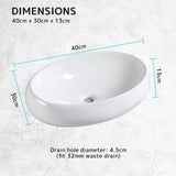 Muriel 40 x 30 x 13cm White Ceramic Bathroom Basin Vanity Sink Oval Above Counter Top Mount Bowl