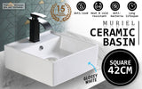 Muriel 42 x 42 x 15cm White Ceramic Bathroom Basin Vanity Sink Square Above Counter Top Mount Bowl