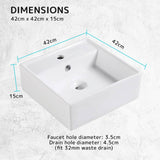 Muriel 42 x 42 x 15cm White Ceramic Bathroom Basin Vanity Sink Square Above Counter Top Mount Bowl
