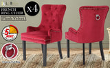 La Bella 4 Set Red French Provincial Dining Chair Ring Studded Lisse Velvet Rubberwood