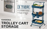 Kandoka 3 Tier Blue Trolley Cart Storage Utility Rack Organiser Swivel Kitchen