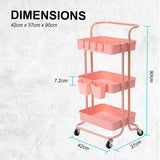Kandoka 3 Tier Pink Trolley Cart Storage Utility Rack Organiser Swivel Kitchen