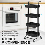 Kandoka 4 Tier Black Trolley Cart Storage Utility Rack Organiser Swivel Kitchen