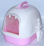 Portable Hooded Cat Toilet Litter Box Tray House with Handle and Scoop Pink