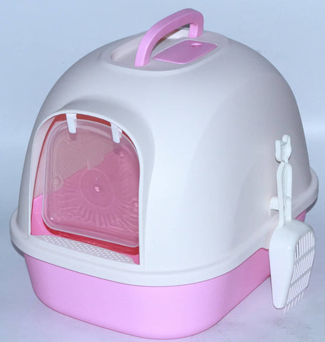 Portable Hooded Cat Toilet Litter Box Tray House with Handle and Scoop Pink