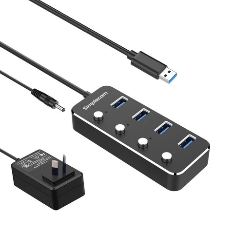 Simplecom CH345PS Aluminium 4-Port USB 3.0 Hub with Individual Switches and Power Adapter