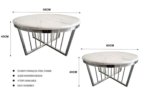 Salina Coffee Table 80cm Silver Base - White Marble
