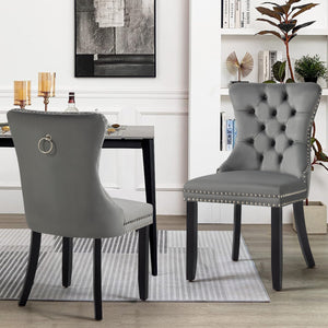 Set of 2 - Alsea Dark Grey Velvet & Black Rubberwood Dining Chairs Upholstered Tufted Stud Trim and Ring